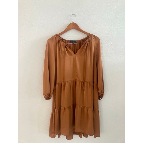 Banana Republic Satin Tiered Swing Dress Rust Gold Caramel Boho Silky Flowy S - Picture 3 of 8